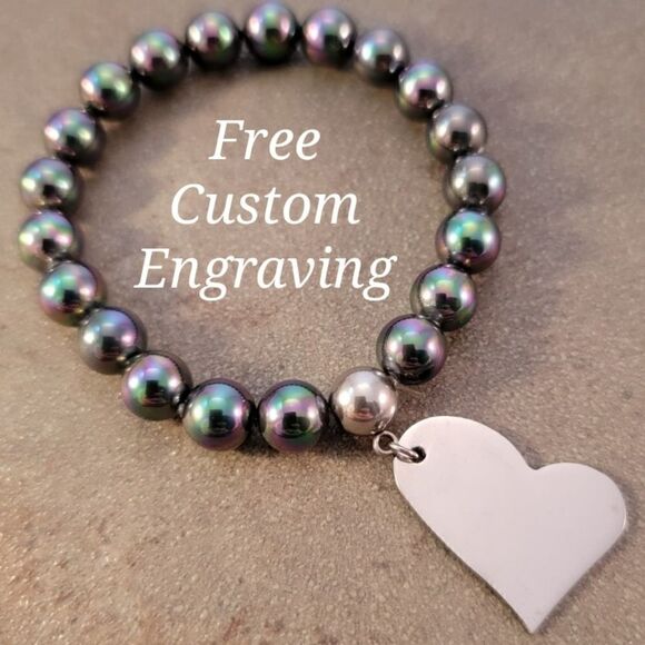 New Iridescent Stainless Steel Beaded  Asymmetrical Heart Bracelet - Picture 1 of 9